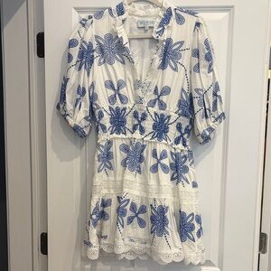 Waimari White Dress with Blue Floral Embroidery